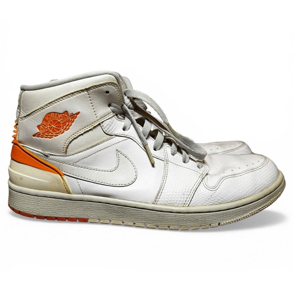 Nike Air Jordan 1 Mid White Orange Mens 12 Leather Sneakers‎ 644490-115